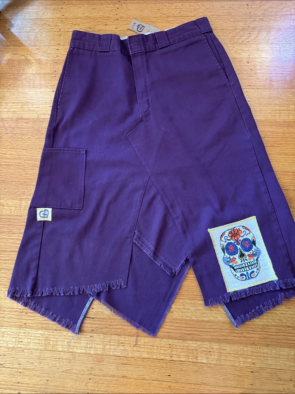 Relove Dickies Purple Asymmetrical Skirt with Hand Painted Sugar Skull Patch